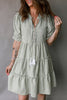 Green Stripe Tasseled Tie Neck Ruffled Short Sleeve Tiered Flattering Dress
