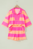 Pink Half Zipper Placket Bracelet Sleeve Top Casual Shorts Set
