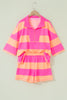 Pink Half Zipper Placket Bracelet Sleeve Top Casual Shorts Set