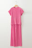Bright Pink Solid Corded Short Sleeve T Shirt and Wide Leg Pants Set