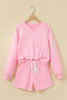 Pink Piping Trim Long Sporty Pullover Drawstring Elastic Waist Shorts Set