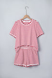 Red Stripe Scallop Trim Casual Top 2pcs Short Set
