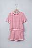 Red Stripe Scallop Trim Casual Top 2pcs Short Set