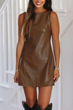 Black Faux Leather Sleeveless Round Neck Mini Dress