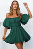 Green-2 Solid Color Shirred Bubble Sleeve Off Shoulder Babydoll Dress