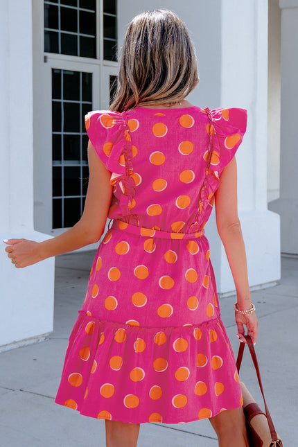 Rose Double Polka Dot V Neck Ruffled Short Sleeve Dress