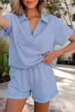 Light Grey Collared V Neck Tee Drawstring Elastic Waist Shorts 2pcs Outfit