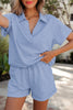 Light Grey Collared V Neck Tee Drawstring Elastic Waist Shorts 2pcs Outfit