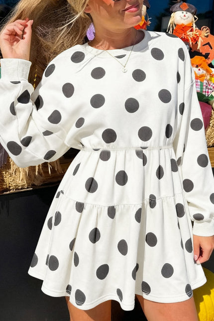Pink Polka Dot Printed Long Sleeve Flared Mini Dress