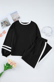Mineral Red Varsity Stripe Patchwork Puff Sleeve Pullover Drawstring Wide Leg Pant Set