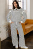 White Stripe Ruffle Trim Drop Shoulder Top Drawstring Loose Pant Set