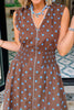 Brown Polka Dot Print Contrast Trim V Neck Zip Up Sleeveless Dress