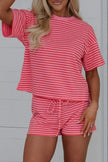 Rose Stripe Side Split Knit Tee Drawstring Shorts Set