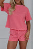 Rose Stripe Side Split Knit Tee Drawstring Shorts Set