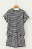 Brown Stripe Breathable Textured Knit Short 2pcs Set