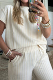 Beige Texture Loose Short Sleeve Top and Cropped Pant Set