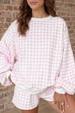 Pink Plaid Baggy Pullover Drawstring Casual Shorts 2pcs Outfit
