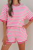 Pink Stripe Contrast Trim Short Sleeve Top Loose Shorts 2pcs Casual Outfit
