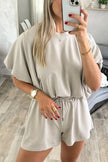 Green Solid Color Puffy Loose Top Drawstring Shorts 2pcs Outfit
