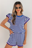 Blue Stripe Contrast Trim Cap Sleeve Top Casual Shorts 2pcs Set