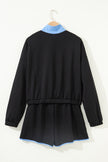 Navy Blue Colorblock Patchwork Half Button Pullover and Shorts Outfit