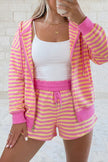 Rose Red Striped Long Sleeve Zip-Up Hoodie Drawstring Elastic Waist 2pcs Short Set