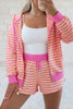 Rose Red Striped Long Sleeve Zip-Up Hoodie Drawstring Elastic Waist 2pcs Short Set