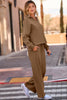 Coffee Solid Color V Neck Top and High Waist Pants Set