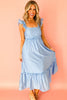 Beau Blue Solid Color Ruffle Trim High Waist Sleeveless Maxi Dress