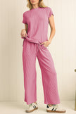Bright Pink Solid Corded Short Sleeve T Shirt and Wide Leg Pants Set