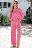 Pink Stripe Drop Shoulder Round Neck Top and Buttoned Straight Pants Two Piece Set
