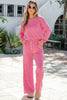 Pink Stripe Drop Shoulder Round Neck Top and Buttoned Straight Pants Two Piece Set