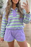 Purple Stripe Half Button Long Sleeve Top Mix and Match Shorts 2pcs Set