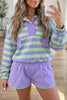 Purple Stripe Half Button Long Sleeve Top Mix and Match Shorts 2pcs Set