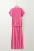 Bright Pink Solid Corded Short Sleeve T Shirt and Wide Leg Pants Set