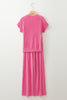 Bright Pink Solid Corded Short Sleeve T Shirt and Wide Leg Pants Set