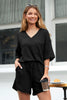 Black Solid Color Waffled V Neck Loose Tee Drawstring Shorts Set