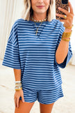 Green Stripe Striped Ribbed Cotton Two-Piece Pant Set with Chest Patch Detail
