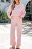 Pink Stripe Drop Shoulder Round Neck Top and Buttoned Straight Pants Two Piece Set