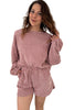 Dark Brown Textured Knit Drop Shoulder Pullover Drawstring Shorts Set
