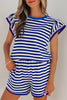 Blue Stripe Contrast Trim Cap Sleeve Top Casual Shorts 2pcs Set