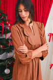 Moss Green Split Neck Scallop Detail Pleated Corduroy Mini Dress