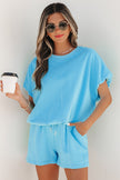 Green Solid Color Puffy Loose Top Drawstring Shorts 2pcs Outfit