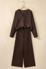 Dark Brown Braided V Neck Long Sleeve Loose Top and Drawstring High Waist Pants 2pcs Outfit