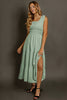 Black Shirred Pleated Square Neck Sleeveless Midi Dress