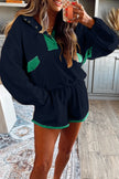 Navy Blue Colorblock Patchwork Half Button Pullover and Shorts Outfit