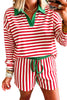 Red Stripe Colorblock Trim Polo Collar Drawstring Elastic Waist Band Casual 2pcs Outfit