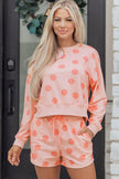 Beige Polka Dot Print Drop Shoulder Pullover Drawstring Shorts Set