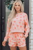 Beige Polka Dot Print Drop Shoulder Pullover Drawstring Shorts Set