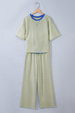 Yellow Stripe Colorblock Trim Crew Neck Loose Tee Drawstring Elastic Waist 2pcs Pant Set